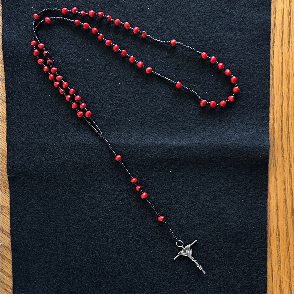 Red Bead Rosary Necklace with Crucifix